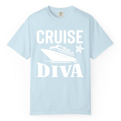 Cruise Diva Shirt - Bold Nautical Vacation Apparel for Women (Comfort Color) in Chambray - Cruise Diva Shirt - Bold Nautical Block Letters with Cruise Ship Graphic