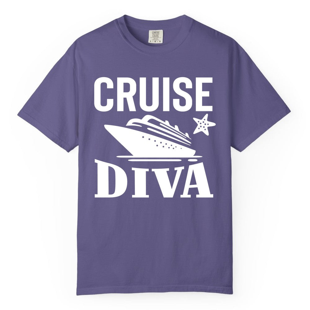 Cruise Diva Shirt - Bold Nautical Vacation Apparel for Women (Comfort Color) in Grape - Cruise Diva Shirt - Bold Nautical Block Letters with Cruise Ship Graphic