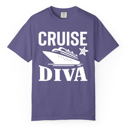Cruise Diva Shirt - Bold Nautical Vacation Apparel for Women (Comfort Color) in Grape - Cruise Diva Shirt - Bold Nautical Block Letters with Cruise Ship Graphic