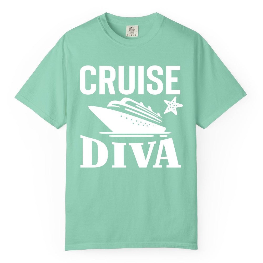 Cruise Diva Shirt - Bold Nautical Vacation Apparel for Women (Comfort Color) in Island Reef - Cruise Diva Shirt - Bold Nautical Block Letters with Cruise Ship Graphic