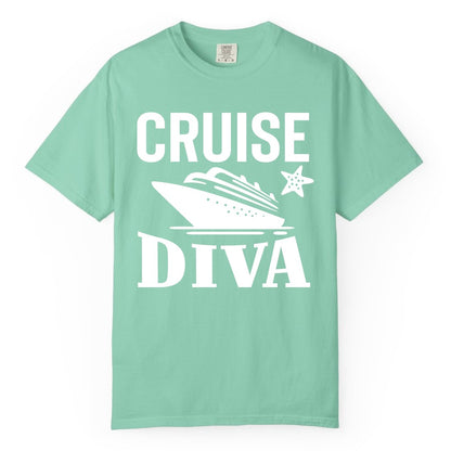 Cruise Diva Shirt - Bold Nautical Vacation Apparel for Women (Comfort Color) in Island Reef - Cruise Diva Shirt - Bold Nautical Block Letters with Cruise Ship Graphic