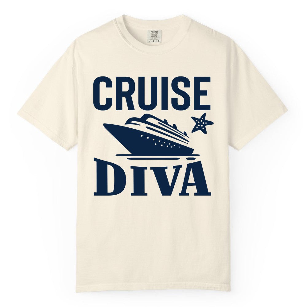 Cruise Diva Shirt - Bold Nautical Vacation Apparel for Women (Comfort Color) in Ivory - Cruise Diva Shirt - Bold Nautical Block Letters with Cruise Ship Graphic