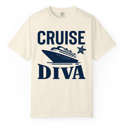 Cruise Diva Shirt - Bold Nautical Vacation Apparel for Women (Comfort Color) in Ivory - Cruise Diva Shirt - Bold Nautical Block Letters with Cruise Ship Graphic