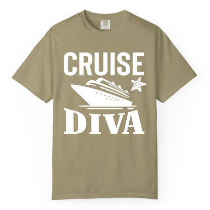 Cruise Diva Shirt - Bold Nautical Vacation Apparel for Women (Comfort Color) in Khaki - Cruise Diva Shirt - Bold Nautical Block Letters with Cruise Ship Graphic