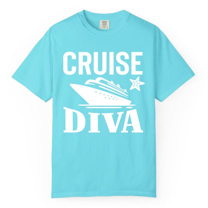 Cruise Diva Shirt - Bold Nautical Vacation Apparel for Women (Comfort Color) in Lagoon Blue - Cruise Diva Shirt - Bold Nautical Block Letters with Cruise Ship Graphic