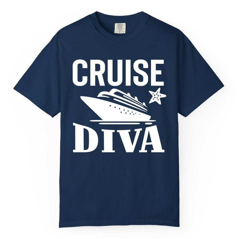 Cruise Diva Shirt - Bold Nautical Vacation Apparel for Women (Comfort Color) in Navy - Cruise Diva Shirt - Bold Nautical Block Letters with Cruise Ship Graphic