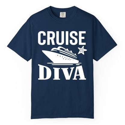 Cruise Diva Shirt - Bold Nautical Vacation Apparel for Women (Comfort Color) in Navy - Cruise Diva Shirt - Bold Nautical Block Letters with Cruise Ship Graphic