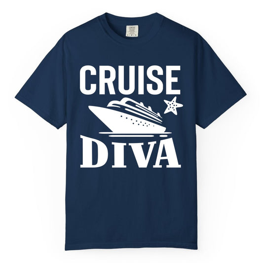Cruise Diva Shirt - Bold Nautical Vacation Apparel for Women (Comfort Color) in Navy - Cruise Diva Shirt - Bold Nautical Block Letters with Cruise Ship Graphic