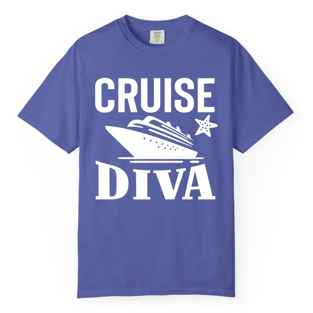 Cruise Diva Shirt - Bold Nautical Vacation Apparel for Women (Comfort Color) in Periwinkle - Cruise Diva Shirt - Bold Nautical Block Letters with Cruise Ship Graphic