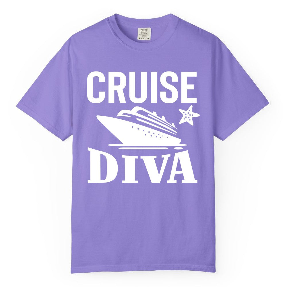 Cruise Diva Shirt - Bold Nautical Vacation Apparel for Women (Comfort Color) in Violet - Cruise Diva Shirt - Bold Nautical Block Letters with Cruise Ship Graphic