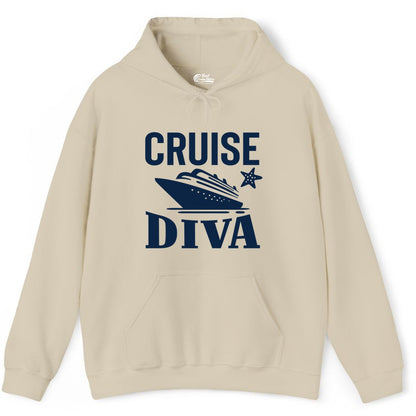 Cruise Diva Shirt - Bold Nautical Vacation Apparel for Women (Hoodie) in Sand - Cruise Diva Shirt - Bold Nautical Block Letters with Cruise Ship Graphic