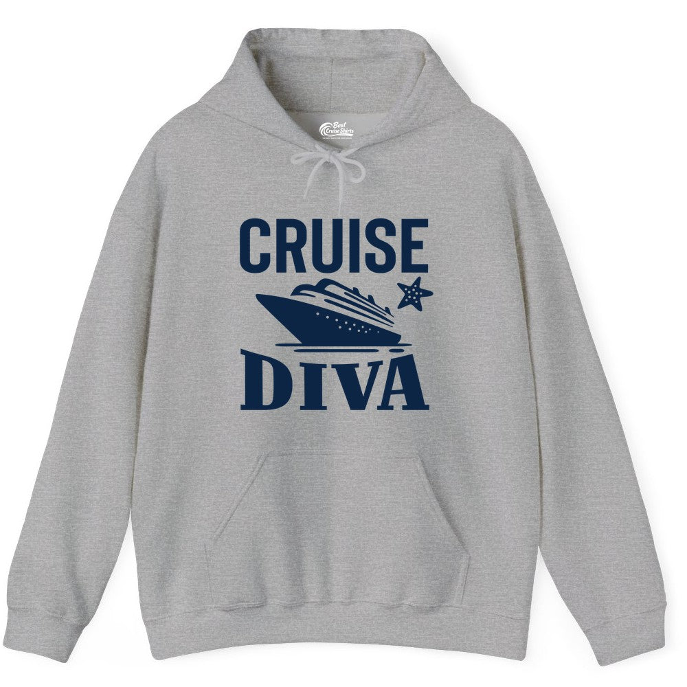 Cruise Diva Shirt - Bold Nautical Vacation Apparel for Women (Hoodie) in Sport Grey - Cruise Diva Shirt - Bold Nautical Block Letters with Cruise Ship Graphic