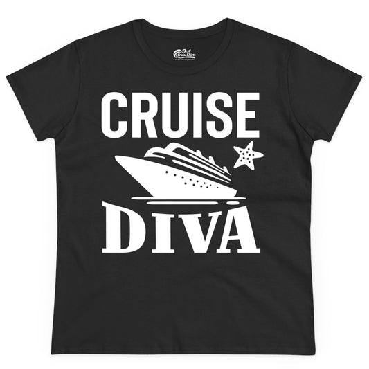 Cruise Diva Shirt - Bold Nautical Vacation Apparel for Women (Ladies Tee) in Black - Cruise Diva Shirt - Bold Nautical Block Letters with Cruise Ship Graphic