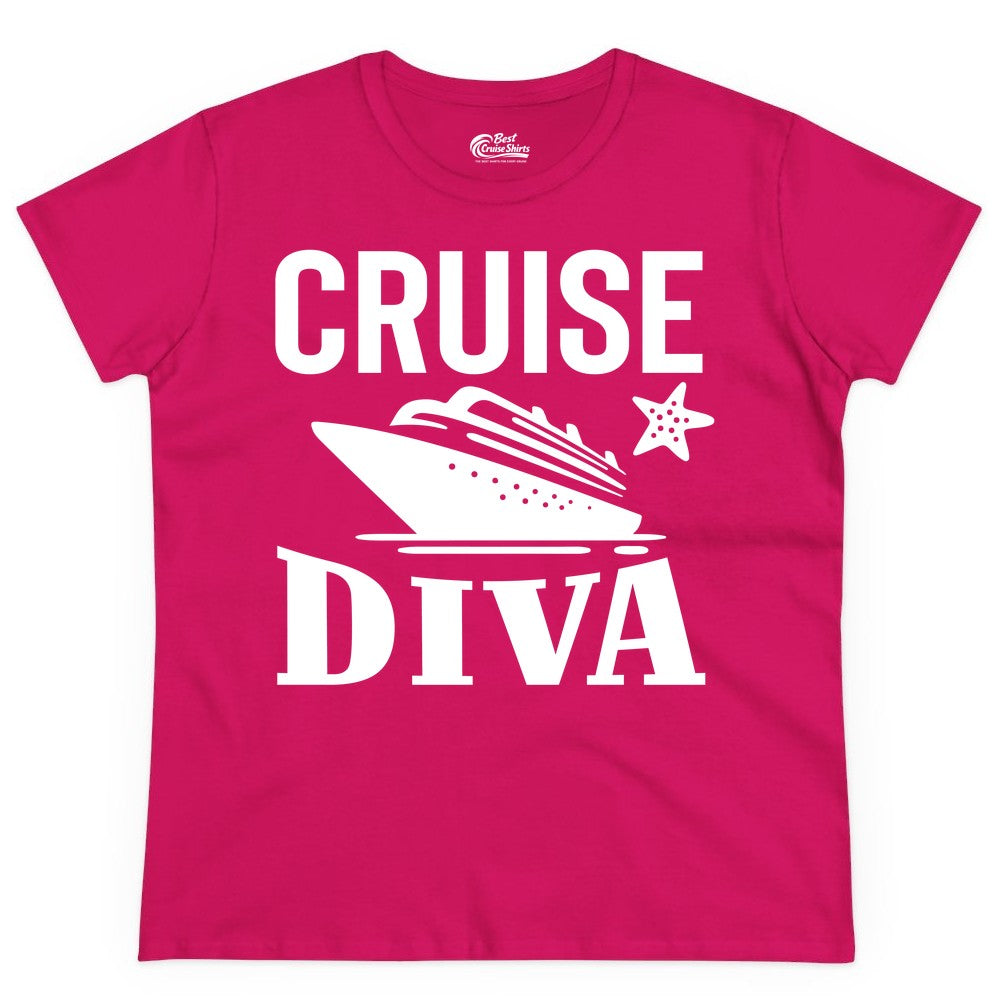 Cruise Diva Shirt - Bold Nautical Vacation Apparel for Women (Ladies Tee) in Heliconia - Cruise Diva Shirt - Bold Nautical Block Letters with Cruise Ship Graphic
