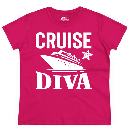 Cruise Diva Shirt - Bold Nautical Vacation Apparel for Women (Ladies Tee) in Heliconia - Cruise Diva Shirt - Bold Nautical Block Letters with Cruise Ship Graphic