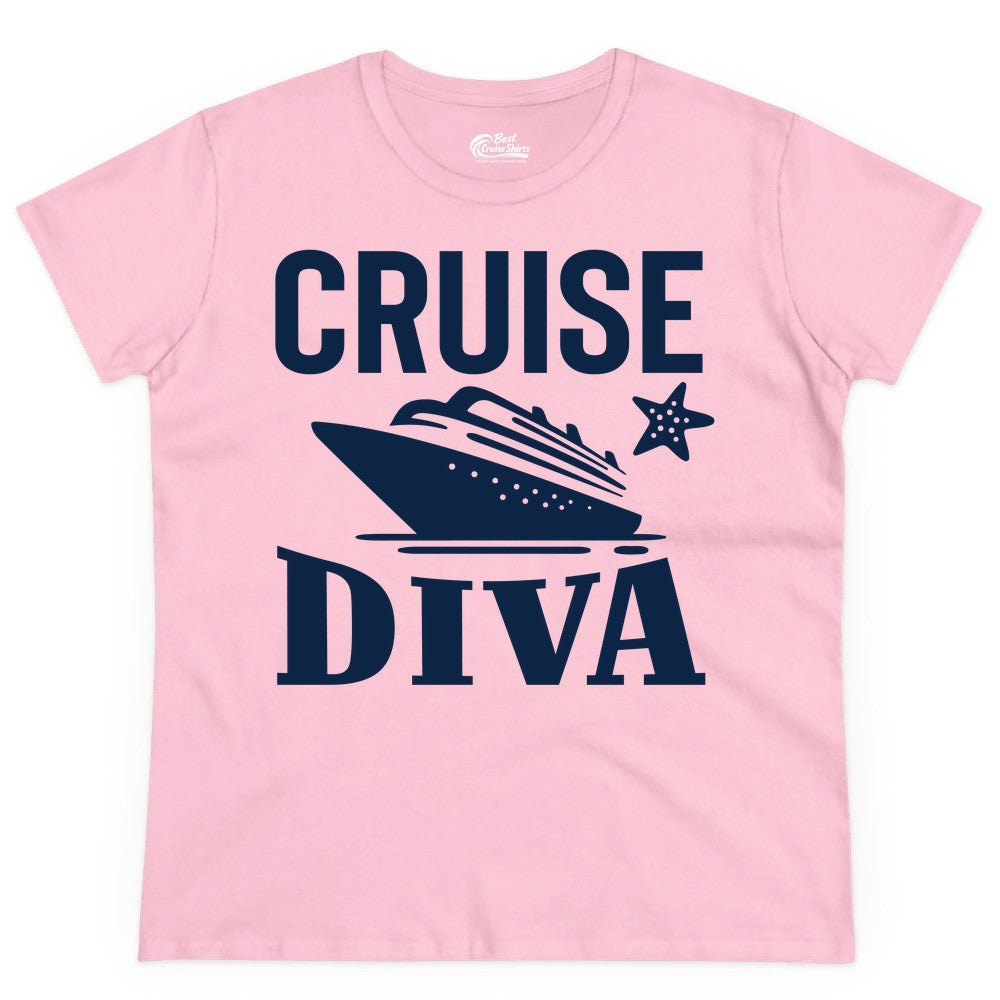 Cruise Diva Shirt - Bold Nautical Vacation Apparel for Women (Ladies Tee) in Light Pink - Cruise Diva Shirt - Bold Nautical Block Letters with Cruise Ship Graphic
