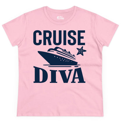 Cruise Diva Shirt - Bold Nautical Vacation Apparel for Women (Ladies Tee) in Light Pink - Cruise Diva Shirt - Bold Nautical Block Letters with Cruise Ship Graphic