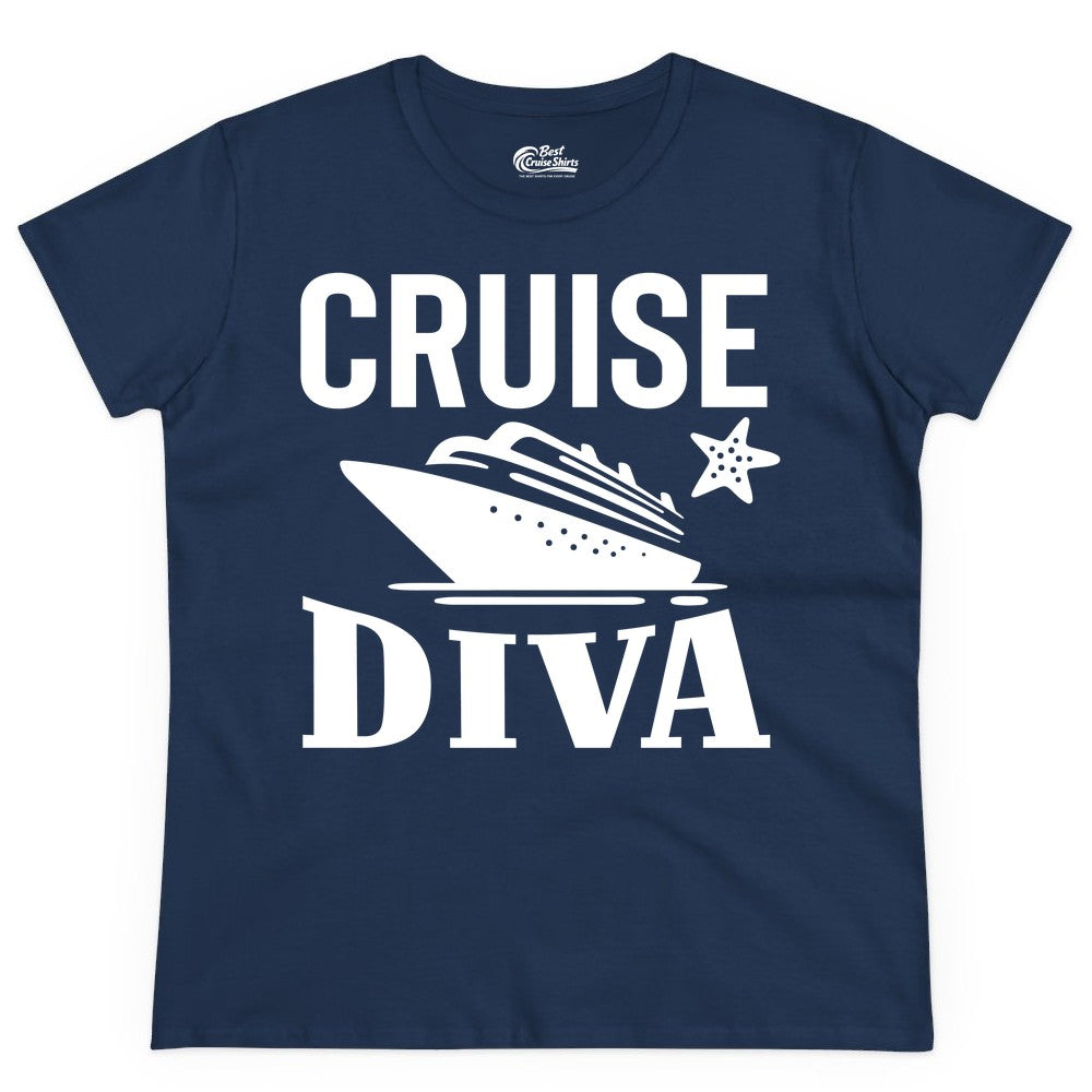 Cruise Diva Shirt - Bold Nautical Vacation Apparel for Women (Ladies Tee) in Navy - Cruise Diva Shirt - Bold Nautical Block Letters with Cruise Ship Graphic