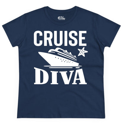 Cruise Diva Shirt - Bold Nautical Vacation Apparel for Women (Ladies Tee) in Navy - Cruise Diva Shirt - Bold Nautical Block Letters with Cruise Ship Graphic