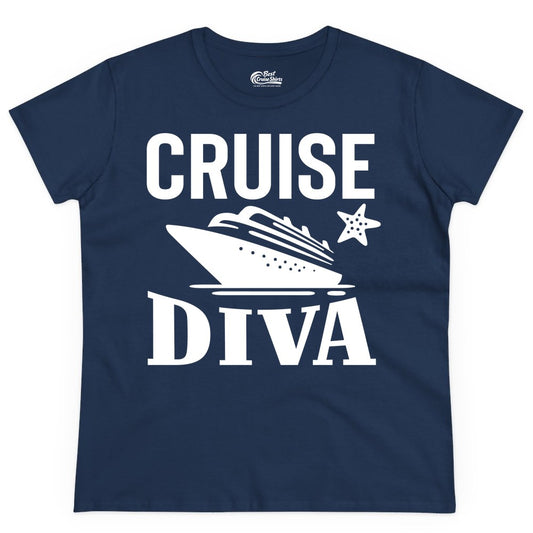 Cruise Diva Shirt - Bold Nautical Vacation Apparel for Women (Ladies Tee) in Navy - Cruise Diva Shirt - Bold Nautical Block Letters with Cruise Ship Graphic