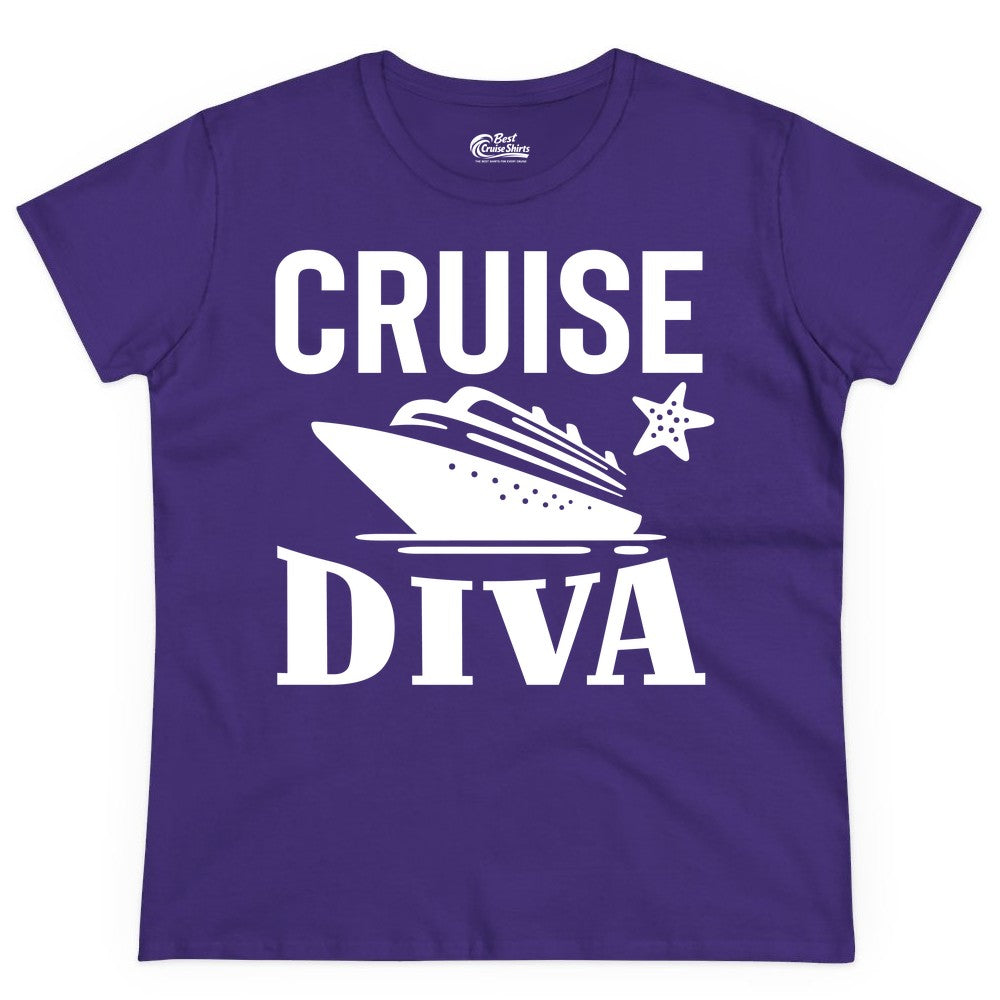 Cruise Diva Shirt - Bold Nautical Vacation Apparel for Women (Ladies Tee) in Purple - Cruise Diva Shirt - Bold Nautical Block Letters with Cruise Ship Graphic