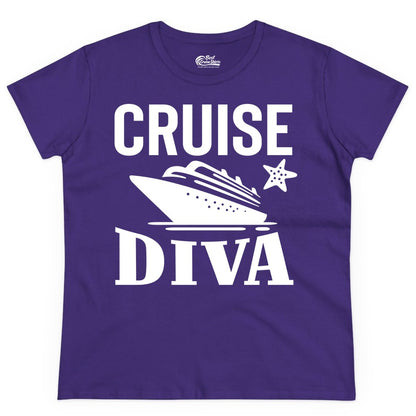 Cruise Diva Shirt - Bold Nautical Vacation Apparel for Women (Ladies Tee) in Purple - Cruise Diva Shirt - Bold Nautical Block Letters with Cruise Ship Graphic
