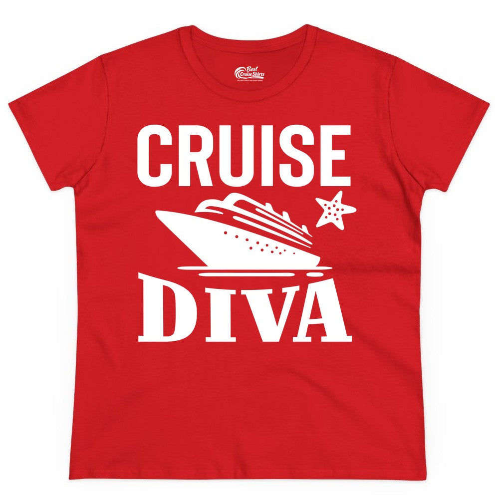 Cruise Diva Shirt - Bold Nautical Vacation Apparel for Women (Ladies Tee) in Red - Cruise Diva Shirt - Bold Nautical Block Letters with Cruise Ship Graphic