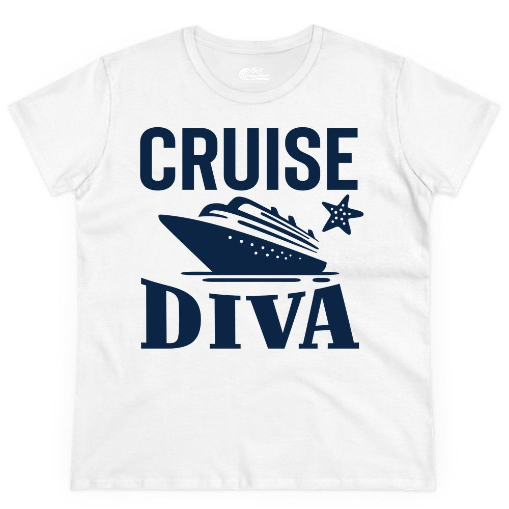 Cruise Diva Shirt - Bold Nautical Vacation Apparel for Women (Ladies Tee) in White - Cruise Diva Shirt - Bold Nautical Block Letters with Cruise Ship Graphic