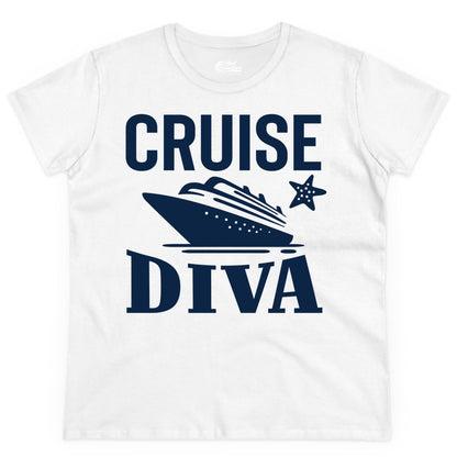 Cruise Diva Shirt - Bold Nautical Vacation Apparel for Women (Ladies Tee) in White - Cruise Diva Shirt - Bold Nautical Block Letters with Cruise Ship Graphic