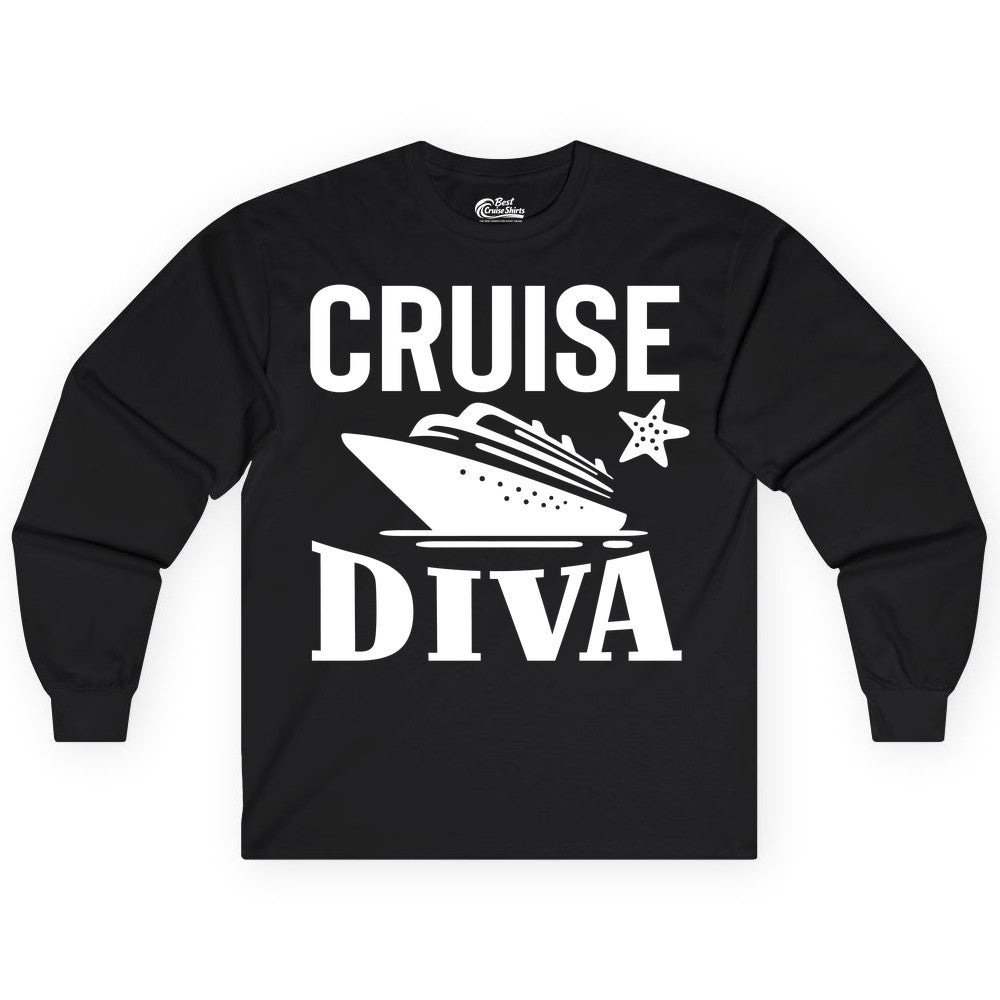 Cruise Diva Shirt - Bold Nautical Vacation Apparel for Women (Long Sleeve) in Black - Cruise Diva Shirt - Bold Nautical Block Letters with Cruise Ship Graphic