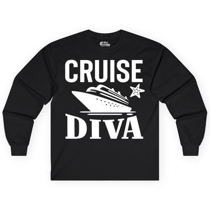 Cruise Diva Shirt - Bold Nautical Vacation Apparel for Women (Long Sleeve) in Black - Cruise Diva Shirt - Bold Nautical Block Letters with Cruise Ship Graphic