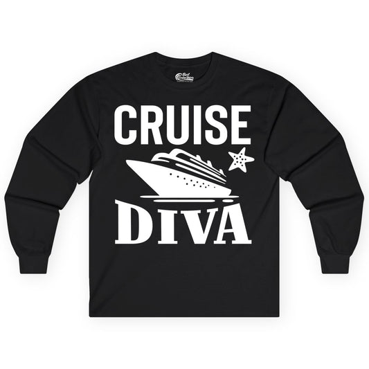 Cruise Diva Shirt - Bold Nautical Vacation Apparel for Women (Long Sleeve) in Black - Cruise Diva Shirt - Bold Nautical Block Letters with Cruise Ship Graphic