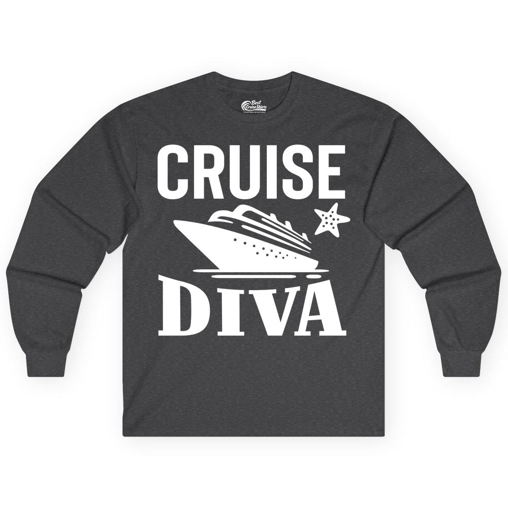 Cruise Diva Shirt - Bold Nautical Vacation Apparel for Women (Long Sleeve) in Dark Heather - Cruise Diva Shirt - Bold Nautical Block Letters with Cruise Ship Graphic