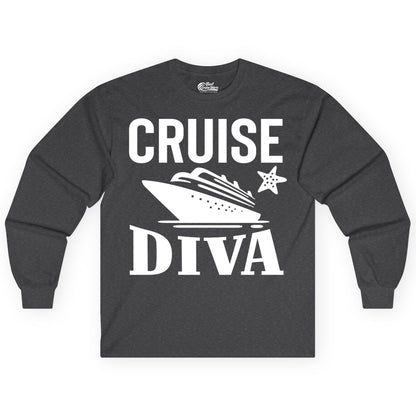 Cruise Diva Shirt - Bold Nautical Vacation Apparel for Women (Long Sleeve) in Dark Heather - Cruise Diva Shirt - Bold Nautical Block Letters with Cruise Ship Graphic