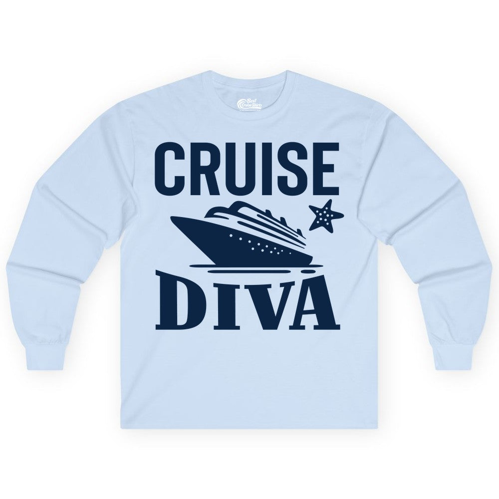 Cruise Diva Shirt - Bold Nautical Vacation Apparel for Women (Long Sleeve) in Light Blue - Cruise Diva Shirt - Bold Nautical Block Letters with Cruise Ship Graphic