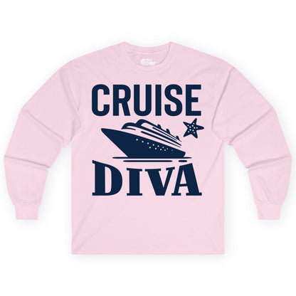 Cruise Diva Shirt - Bold Nautical Vacation Apparel for Women (Long Sleeve) in Light Pink - Cruise Diva Shirt - Bold Nautical Block Letters with Cruise Ship Graphic