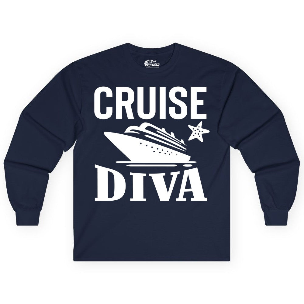 Cruise Diva Shirt - Bold Nautical Vacation Apparel for Women (Long Sleeve) in Navy - Cruise Diva Shirt - Bold Nautical Block Letters with Cruise Ship Graphic