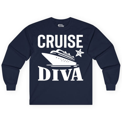 Cruise Diva Shirt - Bold Nautical Vacation Apparel for Women (Long Sleeve) in Navy - Cruise Diva Shirt - Bold Nautical Block Letters with Cruise Ship Graphic