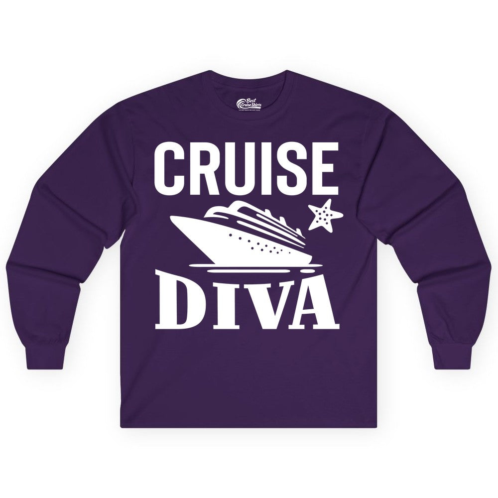 Cruise Diva Shirt - Bold Nautical Vacation Apparel for Women (Long Sleeve) in Purple - Cruise Diva Shirt - Bold Nautical Block Letters with Cruise Ship Graphic