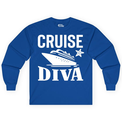 Cruise Diva Shirt - Bold Nautical Vacation Apparel for Women (Long Sleeve) in Royal - Cruise Diva Shirt - Bold Nautical Block Letters with Cruise Ship Graphic