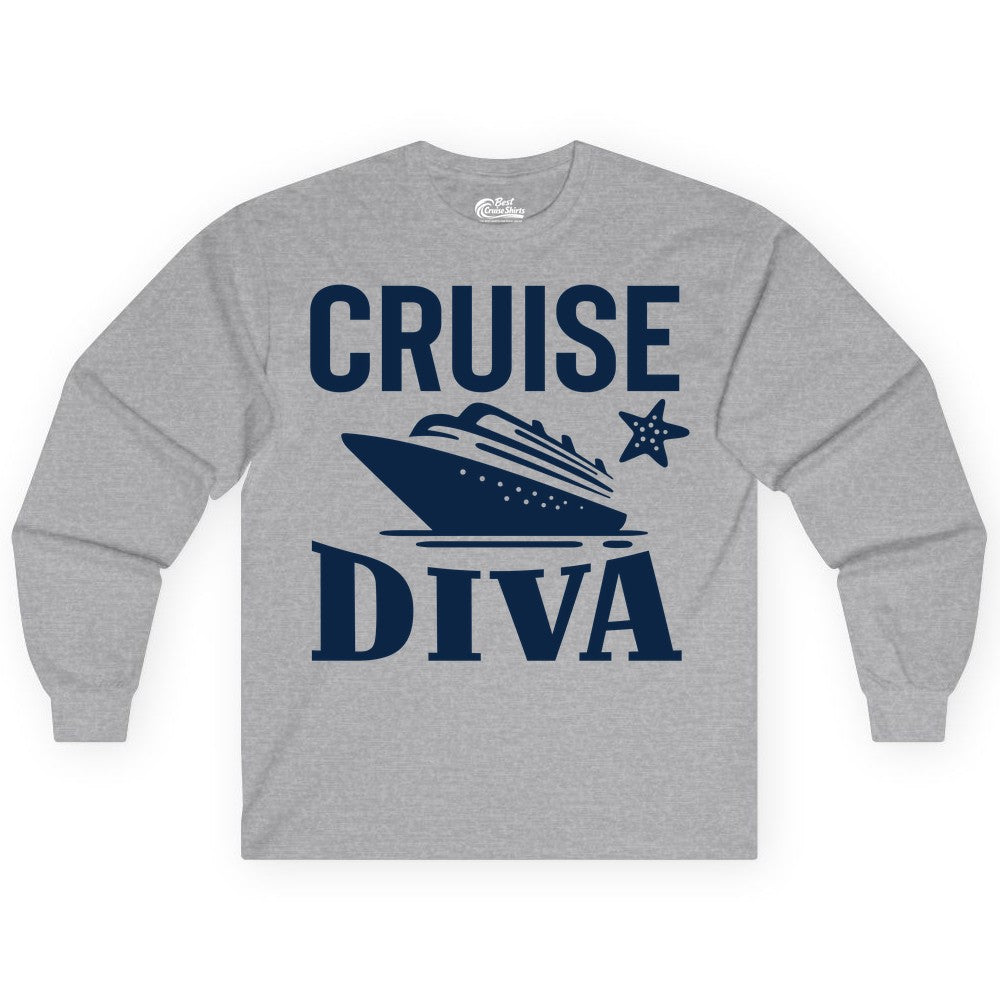 Cruise Diva Shirt - Bold Nautical Vacation Apparel for Women (Long Sleeve) in Sport Grey - Cruise Diva Shirt - Bold Nautical Block Letters with Cruise Ship Graphic