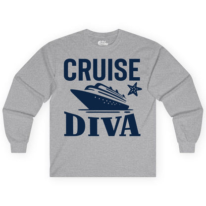 Cruise Diva Shirt - Bold Nautical Vacation Apparel for Women (Long Sleeve) in Sport Grey - Cruise Diva Shirt - Bold Nautical Block Letters with Cruise Ship Graphic