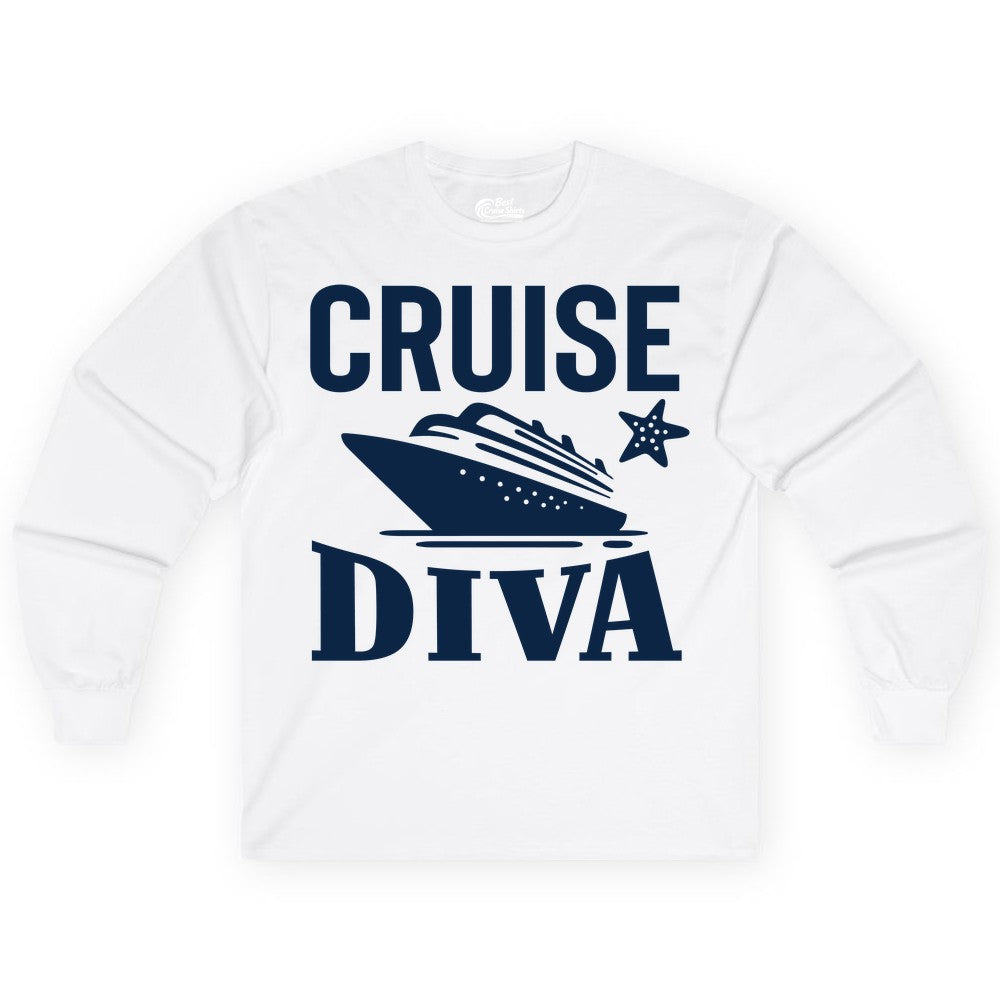Cruise Diva Shirt - Bold Nautical Vacation Apparel for Women (Long Sleeve) in White - Cruise Diva Shirt - Bold Nautical Block Letters with Cruise Ship Graphic