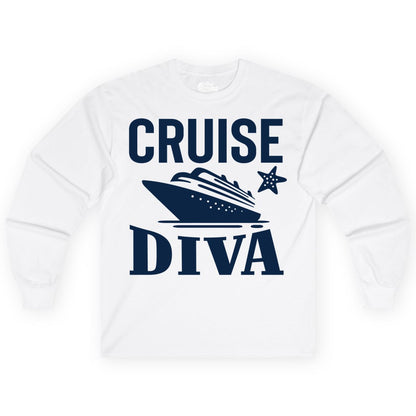 Cruise Diva Shirt - Bold Nautical Vacation Apparel for Women (Long Sleeve) in White - Cruise Diva Shirt - Bold Nautical Block Letters with Cruise Ship Graphic