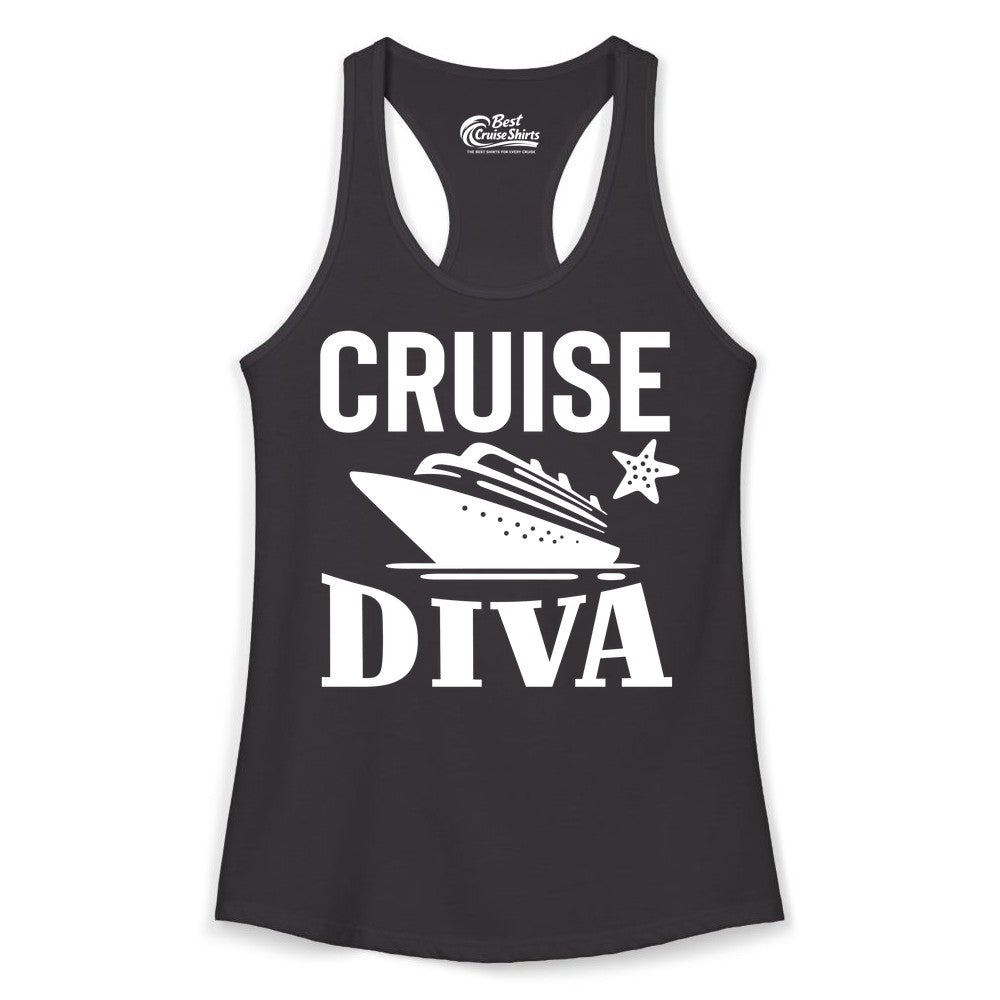 Cruise Diva Shirt - Bold Nautical Vacation Apparel for Women (Ladies Tank) in Black - Cruise Diva Shirt - Bold Nautical Block Letters with Cruise Ship Graphic