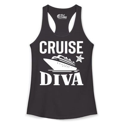 Cruise Diva Shirt - Bold Nautical Vacation Apparel for Women (Ladies Tank) in Black - Cruise Diva Shirt - Bold Nautical Block Letters with Cruise Ship Graphic