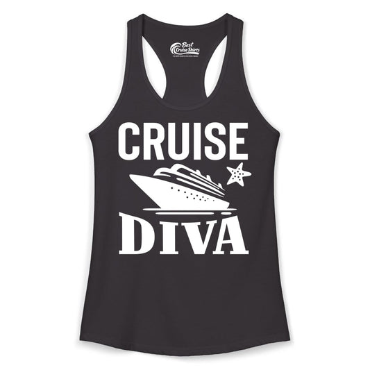 Cruise Diva Shirt - Bold Nautical Vacation Apparel for Women (Ladies Tank) in Black - Cruise Diva Shirt - Bold Nautical Block Letters with Cruise Ship Graphic