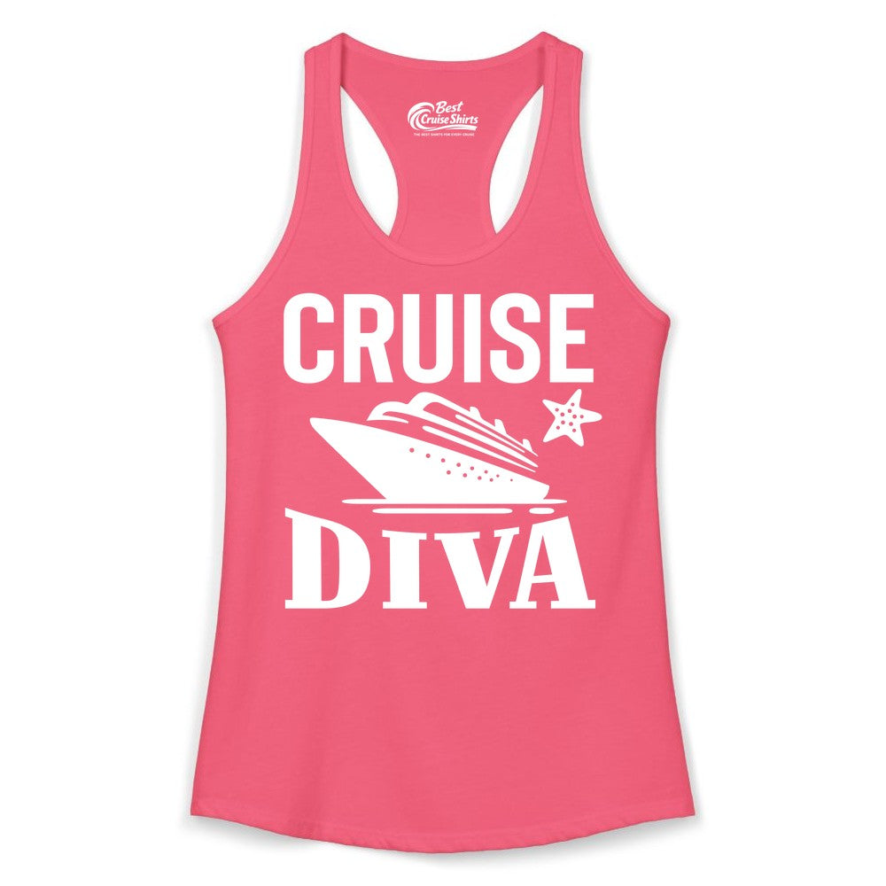 Cruise Diva Shirt - Bold Nautical Vacation Apparel for Women (Ladies Tank) in Hot Pink - Cruise Diva Shirt - Bold Nautical Block Letters with Cruise Ship Graphic