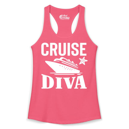 Cruise Diva Shirt - Bold Nautical Vacation Apparel for Women (Ladies Tank) in Hot Pink - Cruise Diva Shirt - Bold Nautical Block Letters with Cruise Ship Graphic