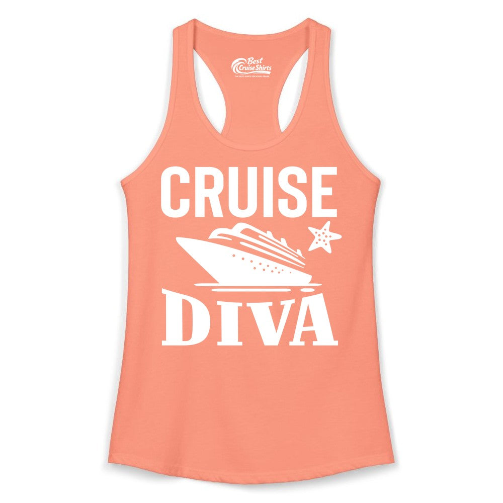 Cruise Diva Shirt - Bold Nautical Vacation Apparel for Women (Ladies Tank) in Solid Light Orange - Cruise Diva Shirt - Bold Nautical Block Letters with Cruise Ship Graphic